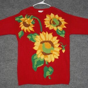 Vintage Suburbans Sunflower Sweater Womens M Red Knit Crewneck Floral Boho